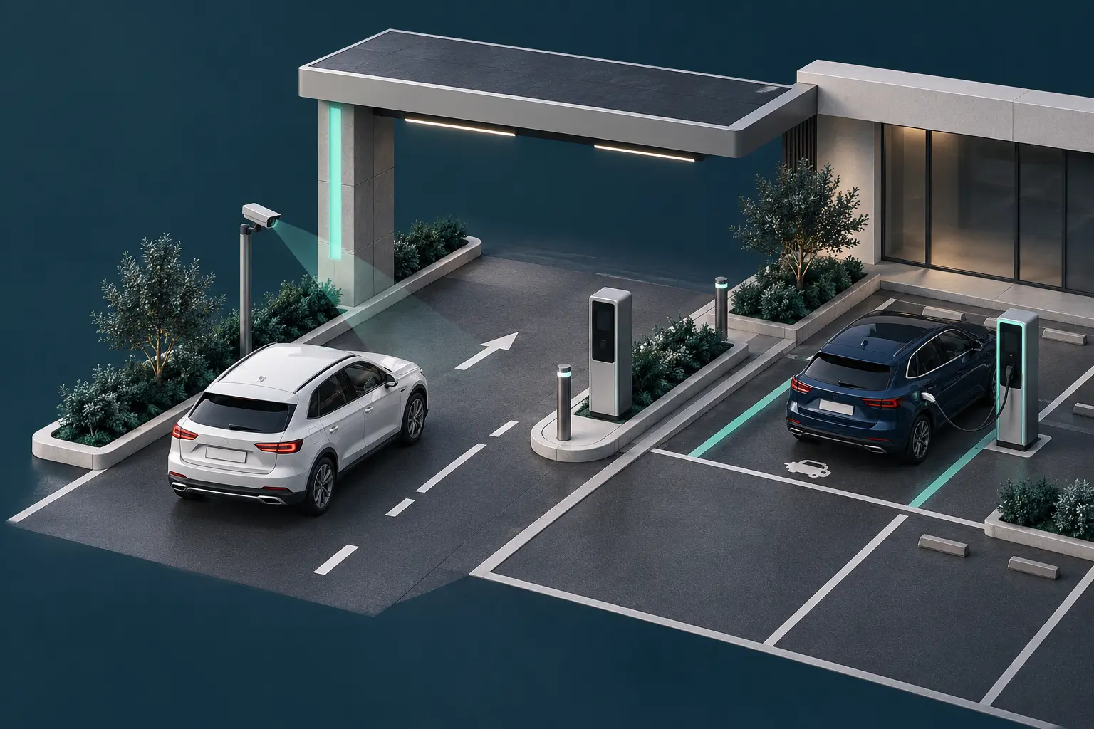 Konceptillustration af en ANPR-indkørsel med nummerpladekamera, betalingspunkt og parkeringsplads med elbilopladning