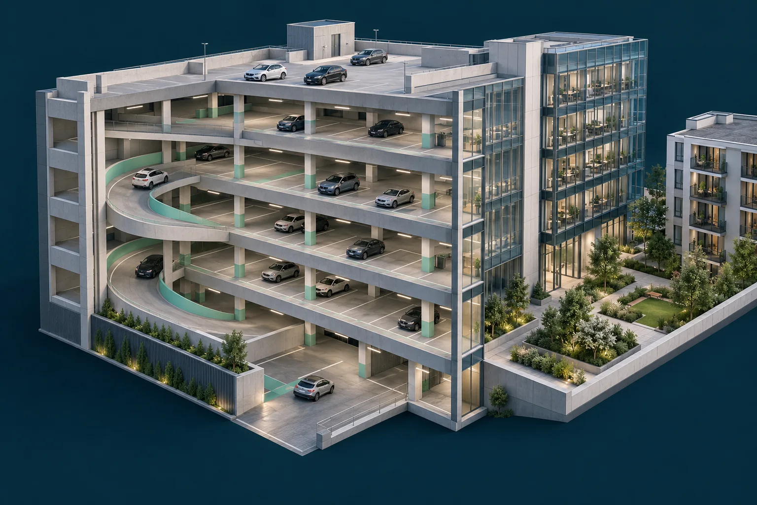 Arkitektonisk snitillustration af et parkeringshus ved kontorer og en grøn boliggård