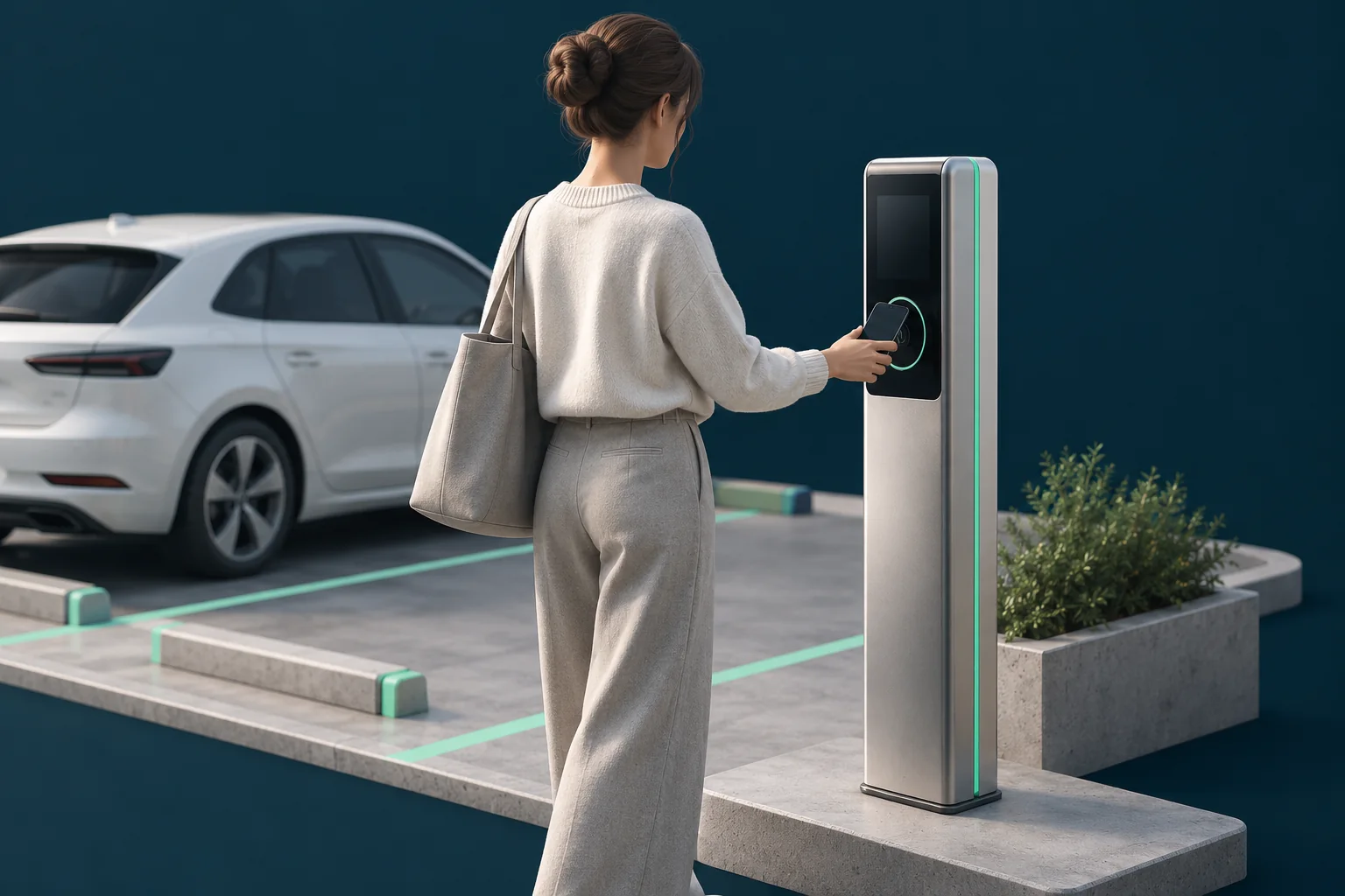 Concept illustration of a visitor using a smartphone at a contactless parking payment terminal